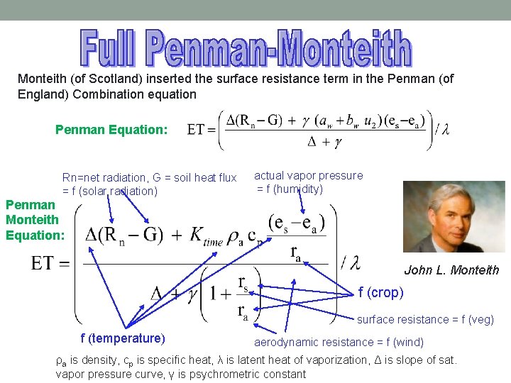 Monteith (of Scotland) inserted the surface resistance term in the Penman (of England) Combination