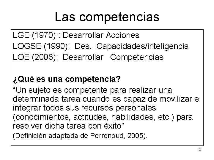 Las competencias LGE (1970) : Desarrollar Acciones LOGSE (1990): Des. Capacidades/inteligencia LOE (2006): Desarrollar