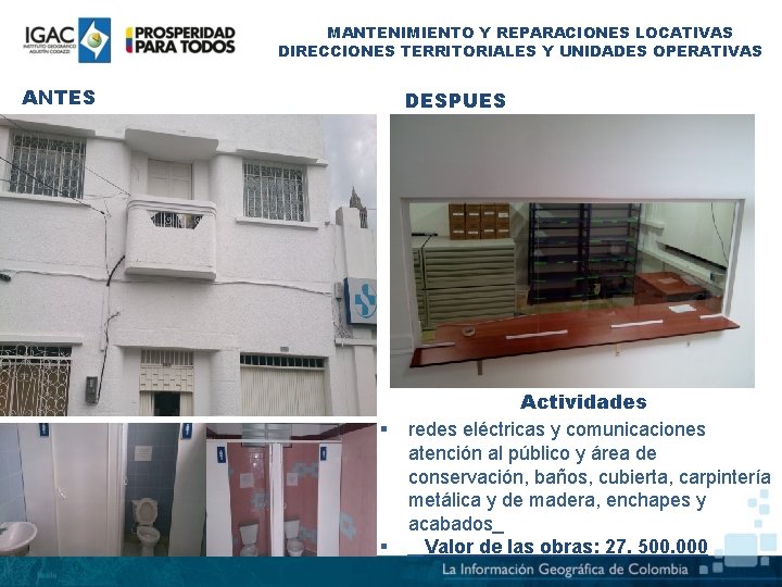 MANTENIMIENTO Y REPARACIONES LOCATIVAS DIRECCIONES TERRITORIALES Y UNIDADES OPERATIVAS ANTES DESPUES § § Actividades