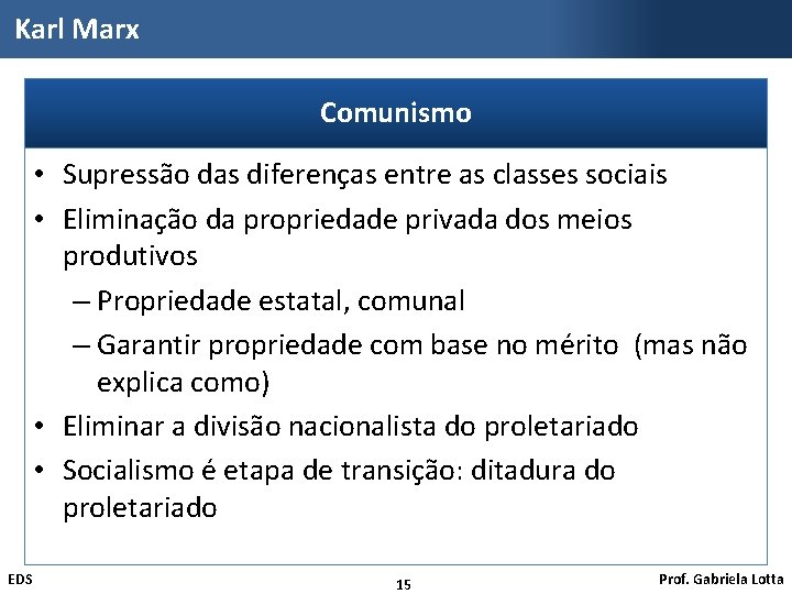 Karl Marx Comunismo • Supressão das diferenças entre as classes sociais • Eliminação da