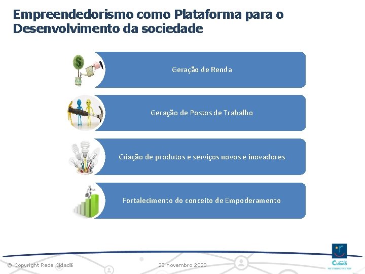 Empreendedorismo como Plataforma para o Desenvolvimento da sociedade Geração de Renda Geração de Postos