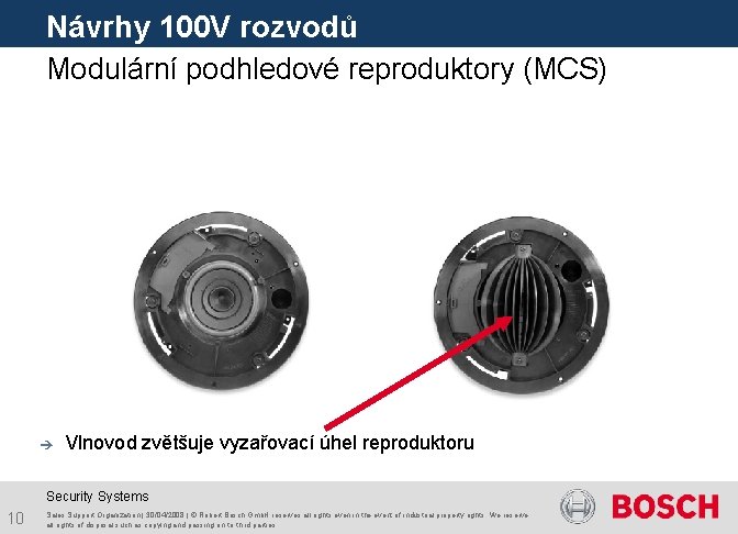 Návrhy 100 V rozvodů Modulární podhledové reproduktory (MCS) è Vlnovod zvětšuje vyzařovací úhel reproduktoru