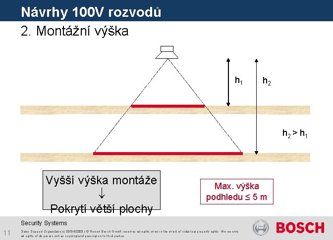 Návrhy 100 V rozvodů 2. Montážní výška h 1 h 2 > h 1