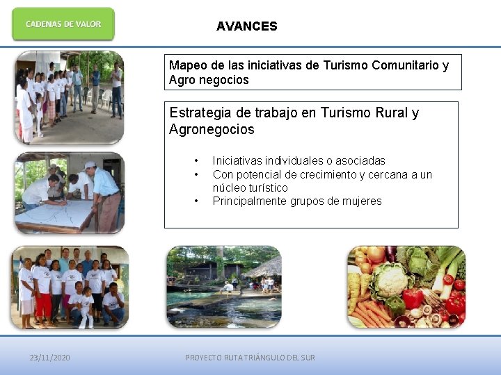 AVANCES Mapeo de las iniciativas de Turismo Comunitario y Agro negocios Estrategia de trabajo