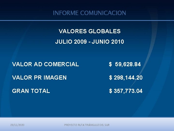 INFORME COMUNICACION VALORES GLOBALES JULIO 2009 - JUNIO 2010 VALOR AD COMERCIAL $ 59,