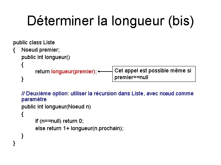 Déterminer la longueur (bis) public class Liste { Noeud premier; public int longueur() { Déterminer la longueur (bis) public class Liste { Noeud premier; public int longueur() {