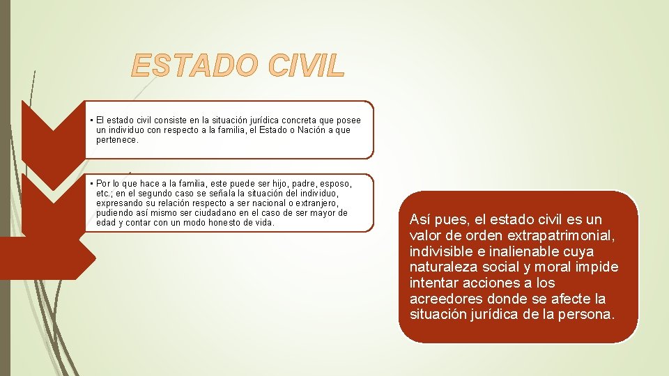 ESTADO CIVIL • El estado civil consiste en la situación jurídica concreta que posee