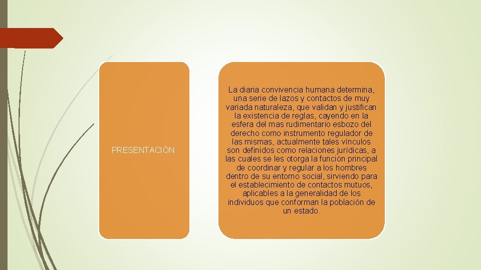 PRESENTACIÓN. La diaria convivencia humana determina, una serie de lazos y contactos de muy