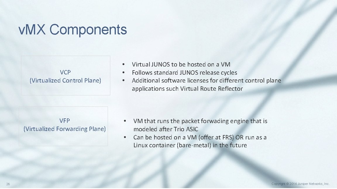 v. MX Components VCP (Virtualized Control Plane) VFP (Virtualized Forwarding Plane) • • • v. MX Components VCP (Virtualized Control Plane) VFP (Virtualized Forwarding Plane) • • •