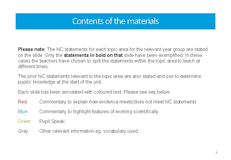 Contents of the materials Please note: The NC statements for each topic area for