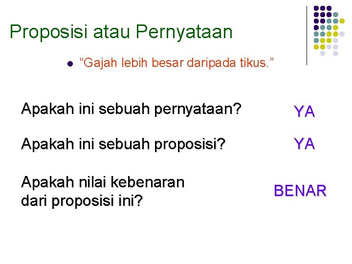 Proposisi atau Pernyataan l “Gajah lebih besar daripada tikus. ” Apakah ini sebuah pernyataan?