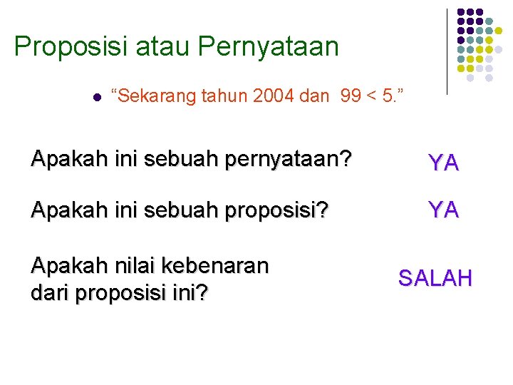 Proposisi atau Pernyataan l “Sekarang tahun 2004 dan 99 < 5. ” Apakah ini