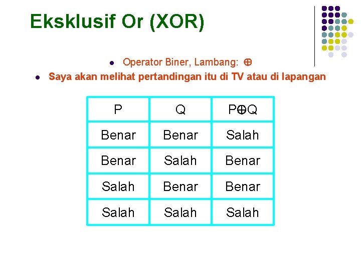 Eksklusif Or (XOR) Operator Biner, Lambang: Saya akan melihat pertandingan itu di TV atau