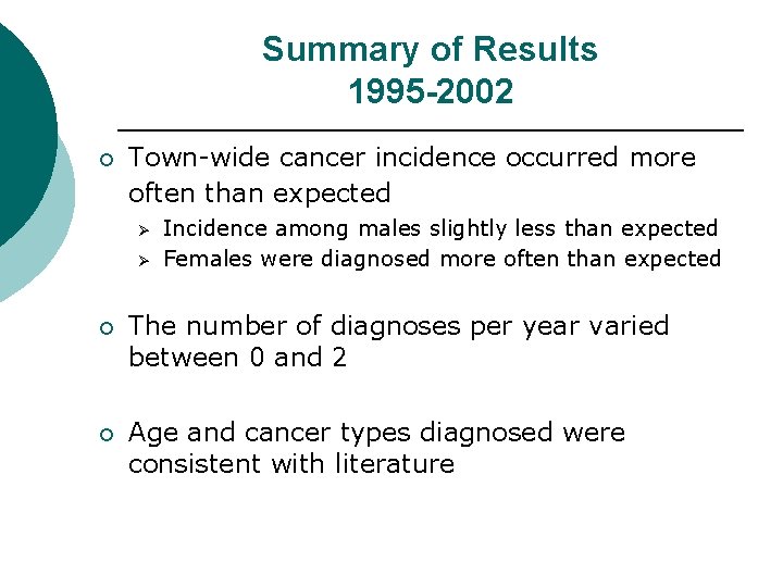 Summary of Results 1995 -2002 ¡ Town-wide cancer incidence occurred more often than expected