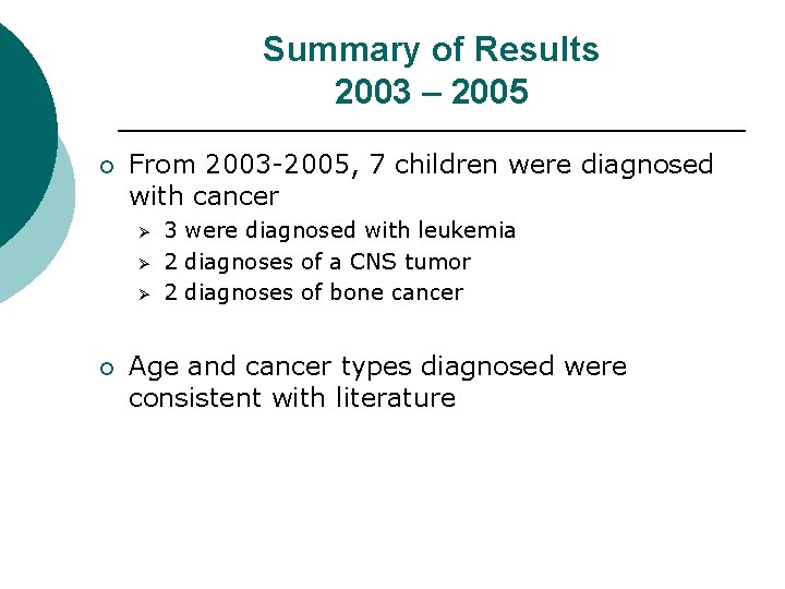 Summary of Results 2003 – 2005 ¡ From 2003 -2005, 7 children were diagnosed