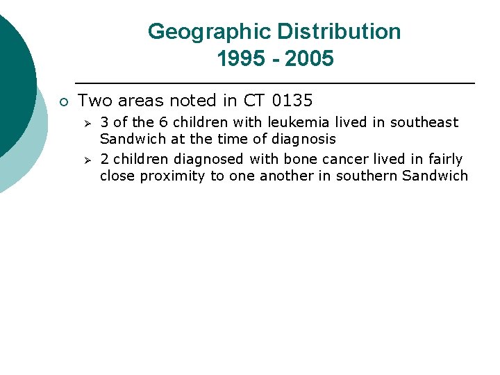 Geographic Distribution 1995 - 2005 ¡ Two areas noted in CT 0135 Ø Ø