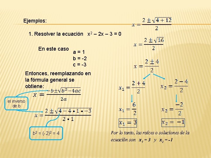 Ejemplos: 1. Resolver la ecuación x 2 – 2 x – 3 = 0
