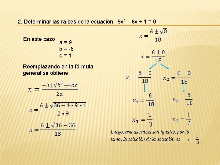 2. Determinar las raíces de la ecuación 9 x 2 – 6 x +