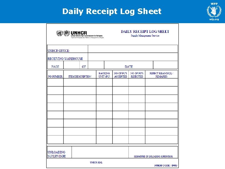 Daily Receipt Log Sheet 