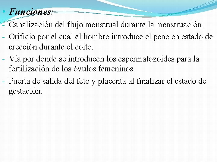 • Funciones: - Canalización del flujo menstrual durante la menstruación. - Orificio por • Funciones: - Canalización del flujo menstrual durante la menstruación. - Orificio por