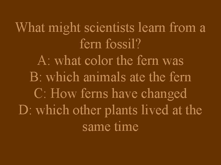 What might scientists learn from a fern fossil? A: what color the fern was