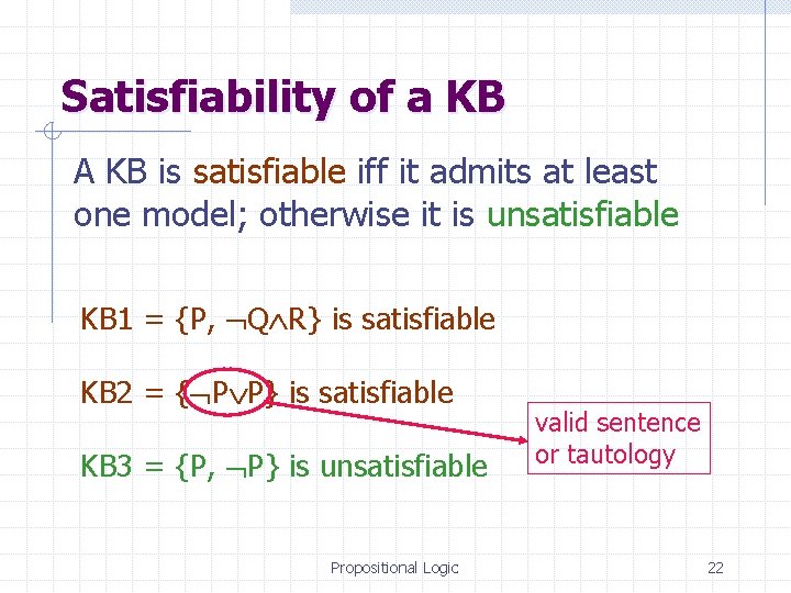 Satisfiability of a KB A KB is satisfiable iff it admits at least one