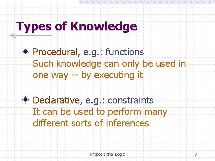 Types of Knowledge Procedural, e. g. : functions Such knowledge can only be used