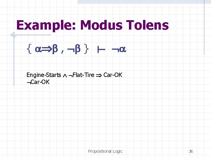 Example: Modus Tolens { , } Engine-Starts Flat-Tire Car-OK Propositional Logic 36 