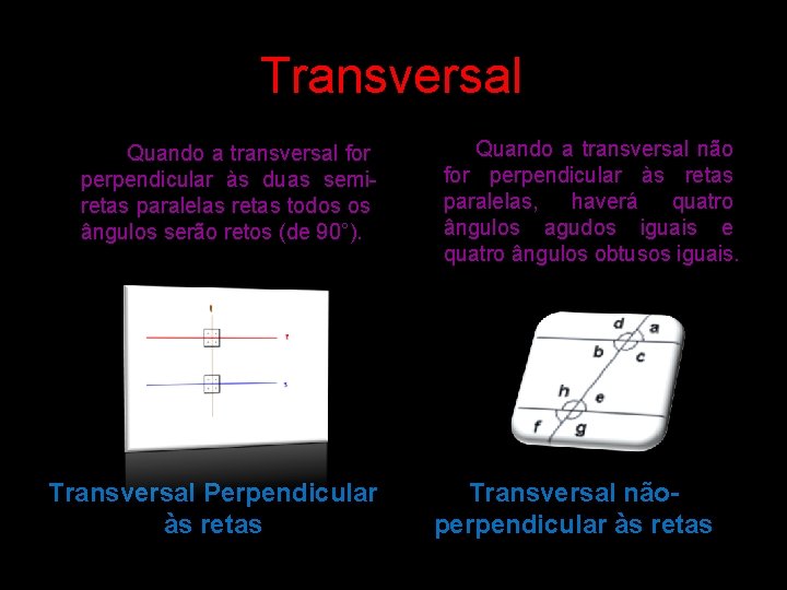 Transversal Quando a transversal for perpendicular às duas semiretas paralelas retas todos os ângulos