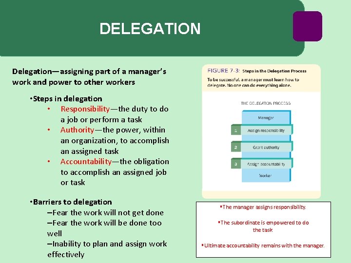 DELEGATION Delegation—assigning part of a manager’s work and power to other workers • Steps DELEGATION Delegation—assigning part of a manager’s work and power to other workers • Steps