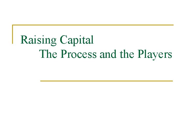 Raising Capital The Process and the Players 