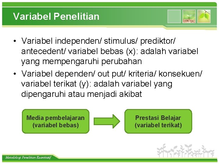 Variabel Penelitian • Variabel independen/ stimulus/ prediktor/ antecedent/ variabel bebas (x): adalah variabel yang