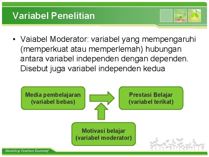 Variabel Penelitian • Vaiabel Moderator: variabel yang mempengaruhi (memperkuat atau memperlemah) hubungan antara variabel
