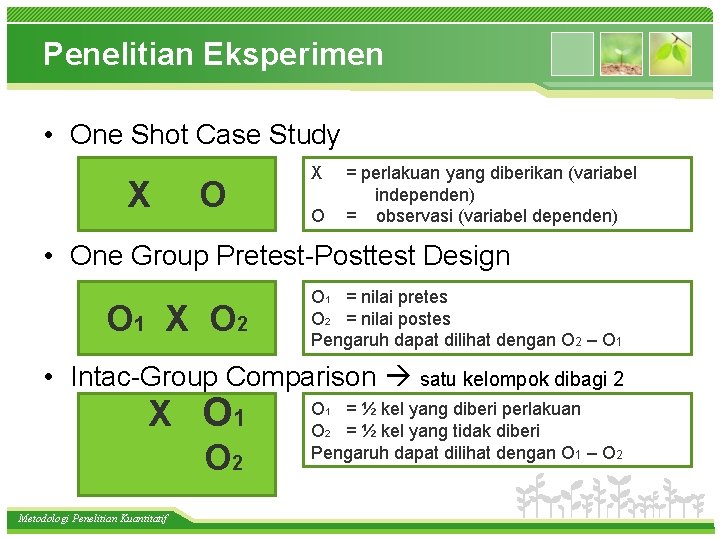 Penelitian Eksperimen • One Shot Case Study X O = perlakuan yang diberikan (variabel