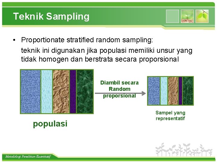 Teknik Sampling • Proportionate stratified random sampling: teknik ini digunakan jika populasi memiliki unsur