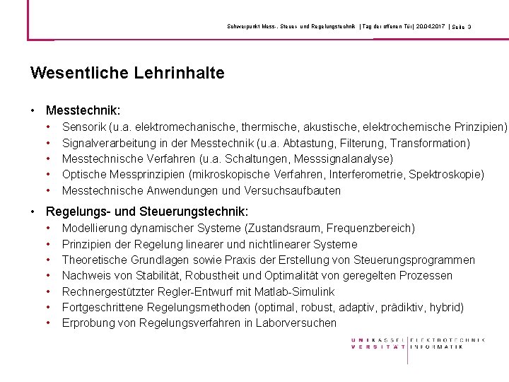 Schwerpunkt Mess-, Steuer- und Regelungstechnik | Tag der offenen Tür| 20. 04. 2017 |