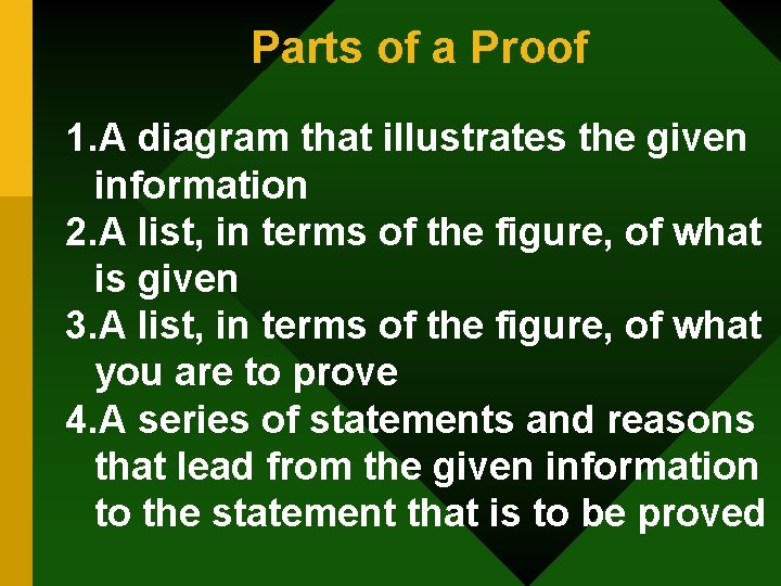 Parts of a Proof 1. A diagram that illustrates the given information 2. A