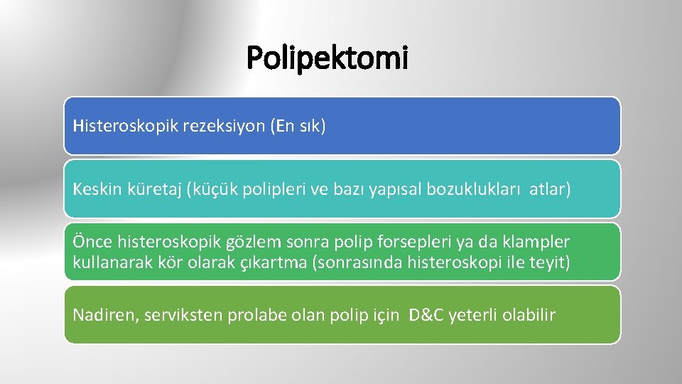 Polipektomi Histeroskopik rezeksiyon (En sık) Keskin küretaj (küçük polipleri ve bazı yapısal bozuklukları atlar)