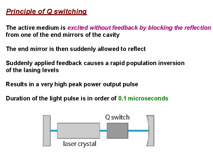 Principle of Q switching The active medium is excited without feedback by blocking the