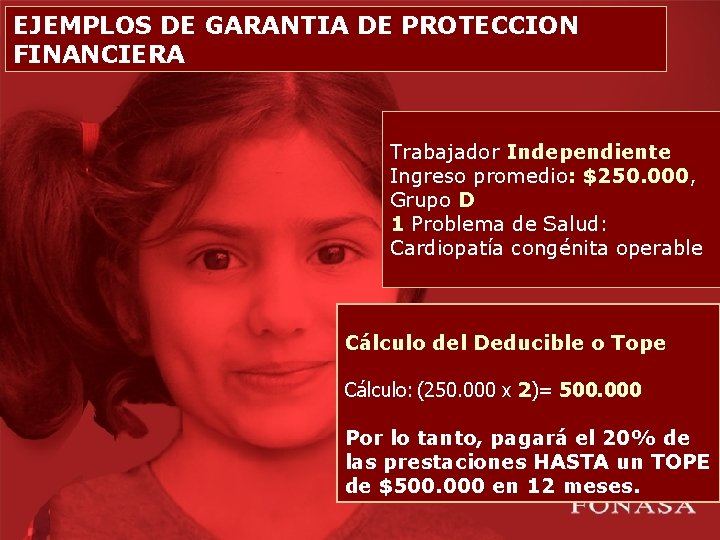 EJEMPLOS DE GARANTIA DE PROTECCION FINANCIERA Trabajador Independiente Ingreso promedio: $250. 000, Grupo D