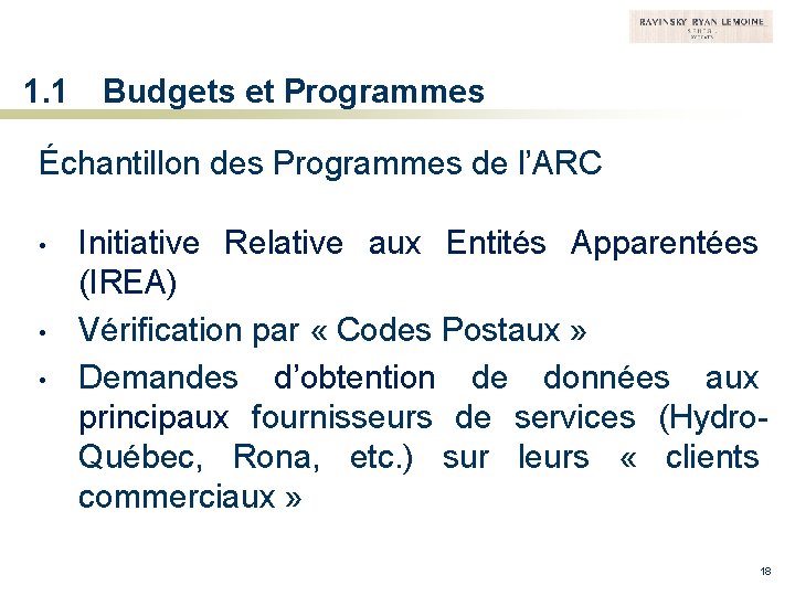 1. 1 Budgets et Programmes Échantillon des Programmes de l’ARC • • • Initiative