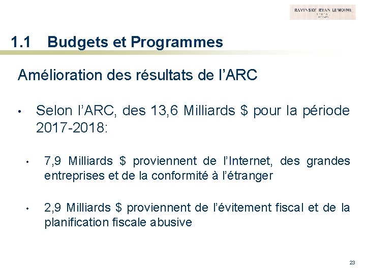 1. 1 Budgets et Programmes Amélioration des résultats de l’ARC Selon l’ARC, des 13,