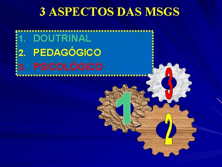 3 ASPECTOS DAS MSGS 1. DOUTRINAL 2. PEDAGÓGICO 3. PSICOLÓGICO 3 ASPECTOS DAS MSGS 1. DOUTRINAL 2. PEDAGÓGICO 3. PSICOLÓGICO