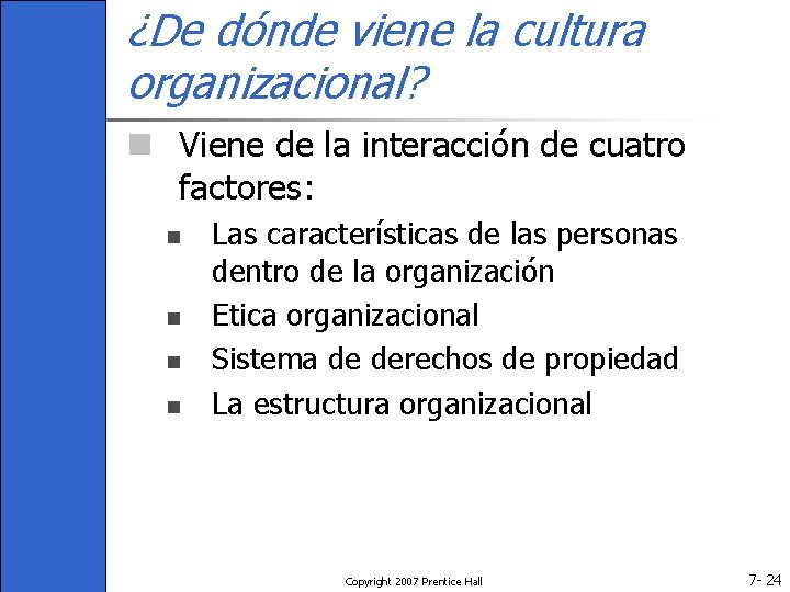 ¿De dónde viene la cultura organizacional? n Viene de la interacción de cuatro factores: ¿De dónde viene la cultura organizacional? n Viene de la interacción de cuatro factores: