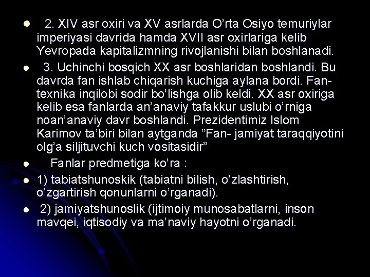 l l l 2. XIV asr oxiri va XV asrlarda O’rta Osiyo temuriylar imperiyasi l l l 2. XIV asr oxiri va XV asrlarda O’rta Osiyo temuriylar imperiyasi