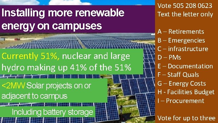 Installing more renewable energy on campuses Currently 51%, nuclear and large hydro making up