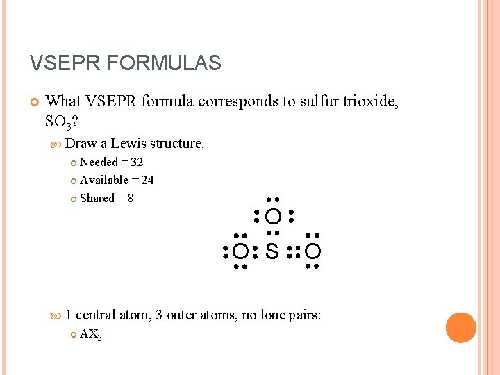 VSEPR FORMULAS What VSEPR formula corresponds to sulfur trioxide, SO 3? Draw a Lewis
