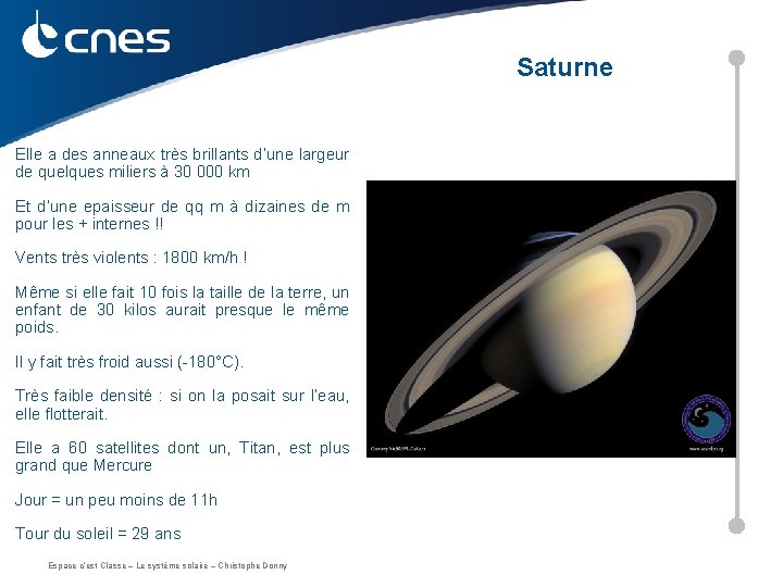 Saturne Elle a des anneaux très brillants d’une largeur de quelques miliers à 30