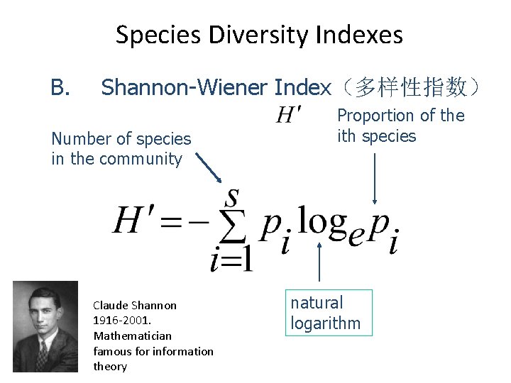 Species Diversity Indexes B. Shannon-Wiener Index（多样性指数） Number of species in the community Claude Shannon