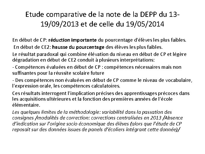 Etude comparative de la note de la DEPP du 1319/09/2013 et de celle du